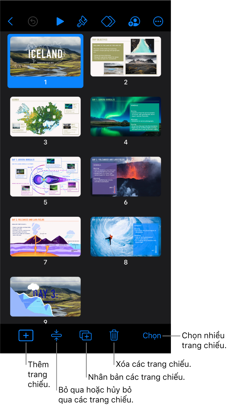 Bảng hình thu nhỏ với các nút ở cuối màn hình để thêm, bỏ qua, nhân bản và xóa các trang chiếu cũng như để chọn nhiều trang chiếu.