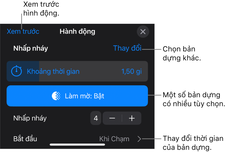 Các tùy chọn bản dựng bao gồm Thời lượng và Định thời gian bắt đầu. Chạm vào Thay đổi để chọn bản dựng khác hoặc chạm vào Xem trước để xem trước bản dựng.
