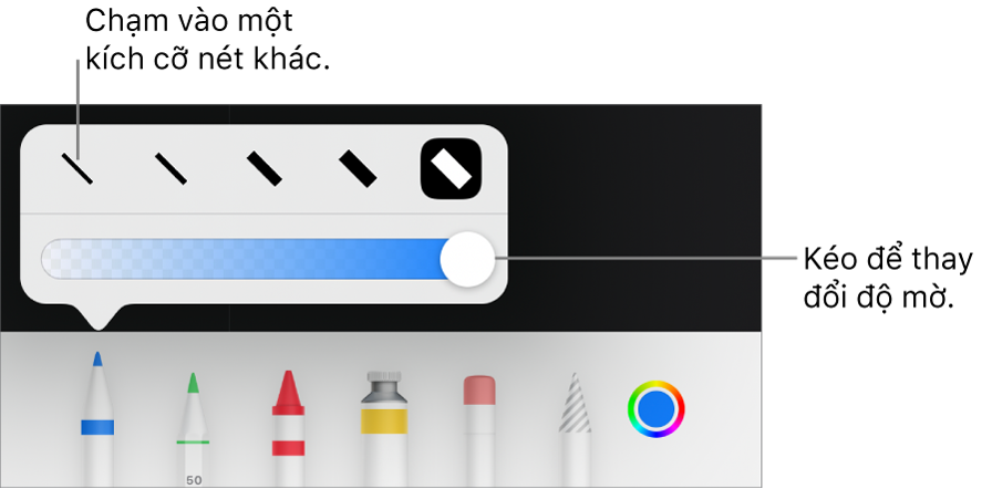 Các điều khiển để chọn một kích cỡ nét và thanh trượt để điều chỉnh độ mờ.