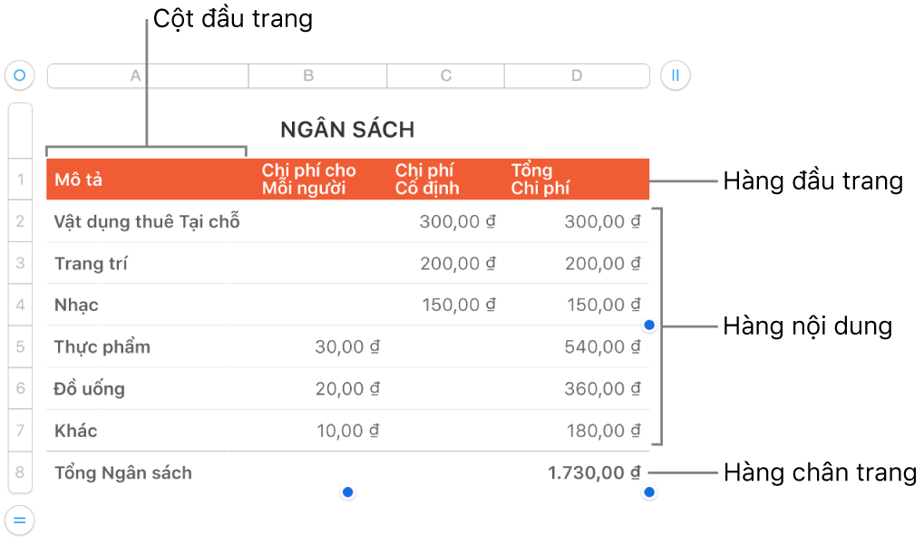 Bảng hiển thị các hàng và cột phần đầu, phần thân và phần chân cũng như các bộ điều khiển để thêm hoặc xóa các hàng hoặc cột.