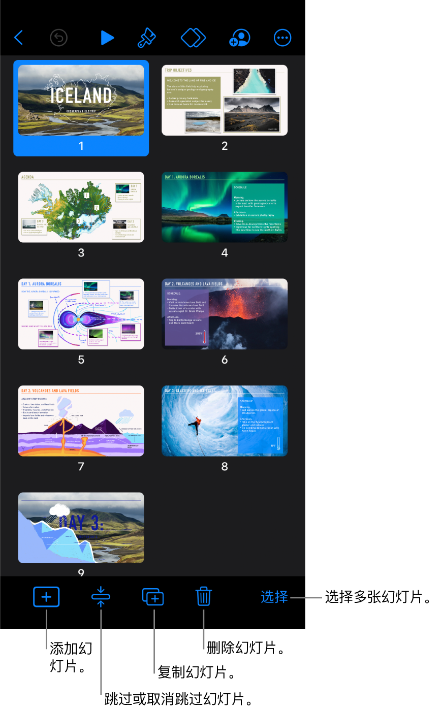 看片台视图,屏幕底部显示用于添加、跳过、复制和删除幻灯片以及选择多张幻灯片的按钮。