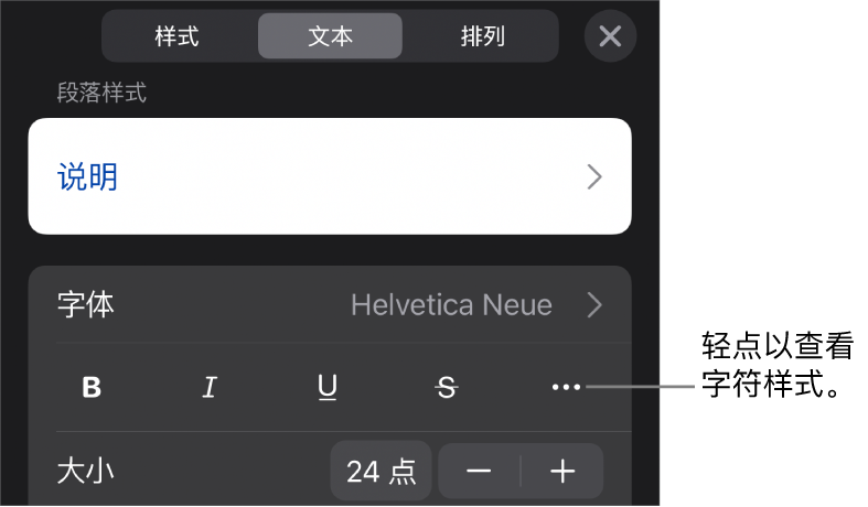 “格式”控制,顶部是段落样式,然后是“字体”控制。“字体”下方是“粗体”、“斜体”、“下划线”、“删除线”和“更多文本选项”按钮。