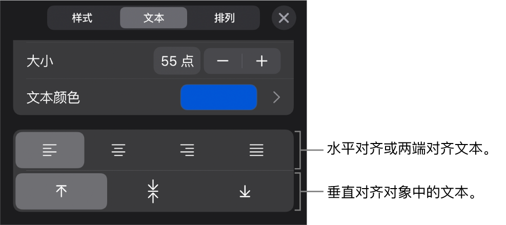 含文本对齐按钮标注的“格式”按钮的“对齐”部分。