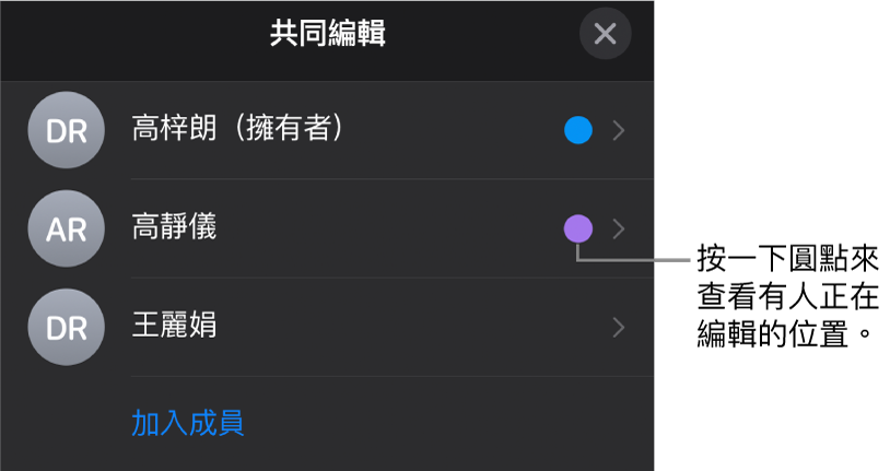 包括三位參與者的參與者列表,以及在每個名字旁的不同顏色圓點。
