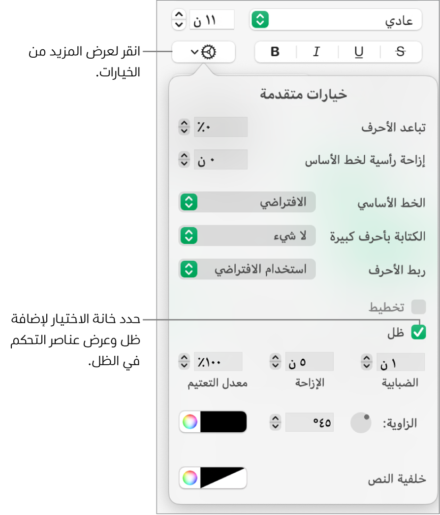 قائمة الخيارات المتقدمة مفتوحة وتظهر بها خانة اختيار الظلال محددة وعناصر التحكم لتعيين الضبابية، والإزاحة، والتعتيم، والزاوية، واللون.