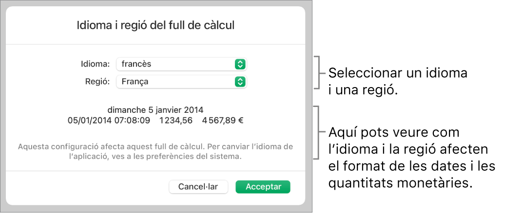 El tauler "Idioma i regió" en què es mostren els controls per a l'idioma i la regió i un exemple de format per a la data, l'hora, els decimals i la moneda.