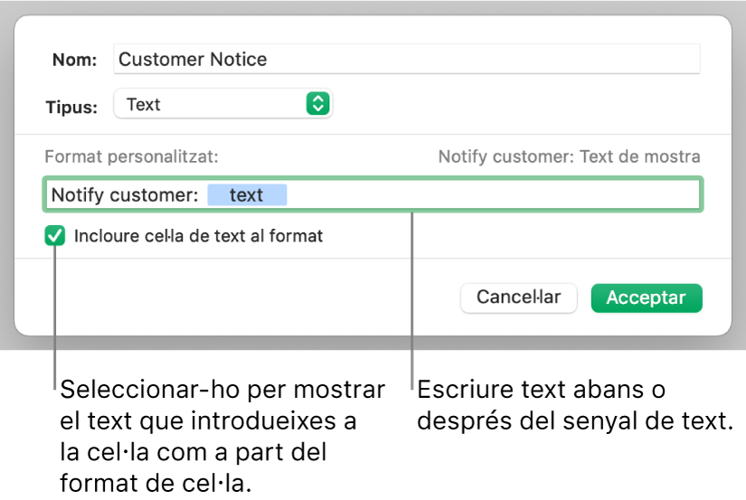 Format personalitzat de cel·la de text.