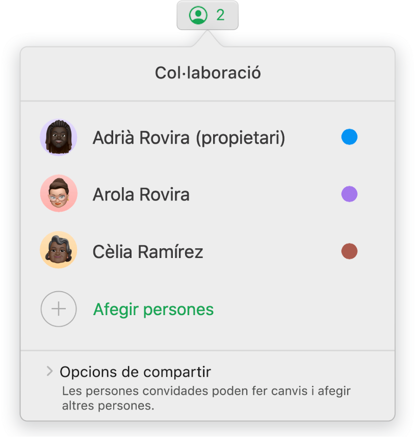 El menú Col·laboració, en què es mostren els noms de les persones que col·laboren al full de càlcul. Les opcions de compartir són a sota dels noms.
