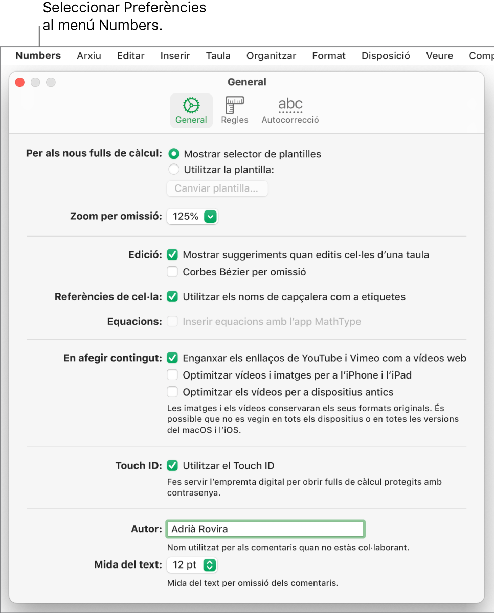 La finestra de les preferències del Numbers amb el tauler General obert en què es mostra la configuració per a fulls de càlcul nous, el zoom, l'edició, les referència de cel·la, les equacions, afegir contingut, el Touch ID, el nom de l'autor i la mida de text per omissió.