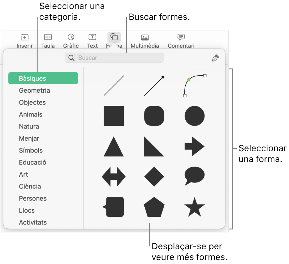 La biblioteca de formes, amb categories a l’esquerra i les formes a la dreta. Pots utilitzar el camp de cerca situat a la part superior per trobar formes i desplaçar‑te per veure’n més.