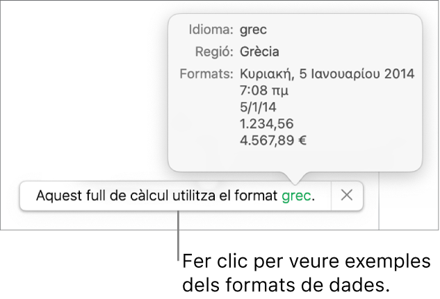 La notificació de la diferència de configuració d’idioma i regió, amb exemples del format d’aquell idioma i regió.