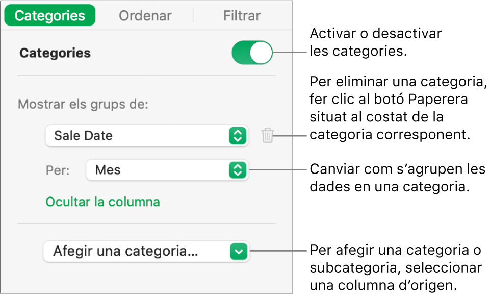 La barra lateral de categories amb opcions per desactivar categories, eliminar categories, agrupar dades, ocultar la columna d’origen i afegir categories.