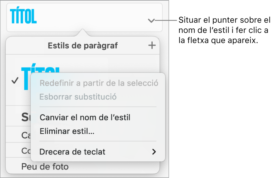 El menú “Estils de paràgraf” amb el menú de dreceres obert.