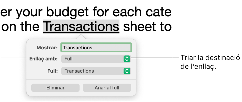 Els controls de l’editor d’enllaços amb el camp Mostrar i el menú emergent “Enllaçar a” (amb l’opció Full seleccionada) i el menú emergent Full (amb un full anomenat Passiu seleccionat). Els botons Eliminar i “Anar al full” són a la part inferior de la finestra emergent.