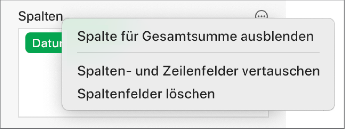 Das Menü „Feldoptionen“ mit Steuerelementen zum Ausblenden der Gesamtsummen, zum Vertauschen der Spalten- und Zeilenfelder und zum Löschen von Feldern.