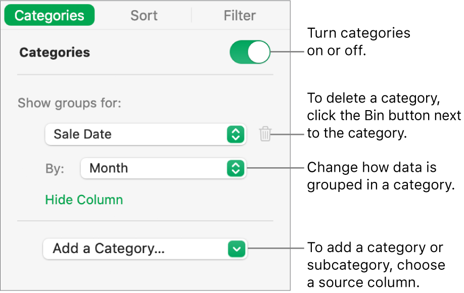 The categories sidebar with options for turning categories off, deleting categories, regrouping data, hiding a source column and adding categories.