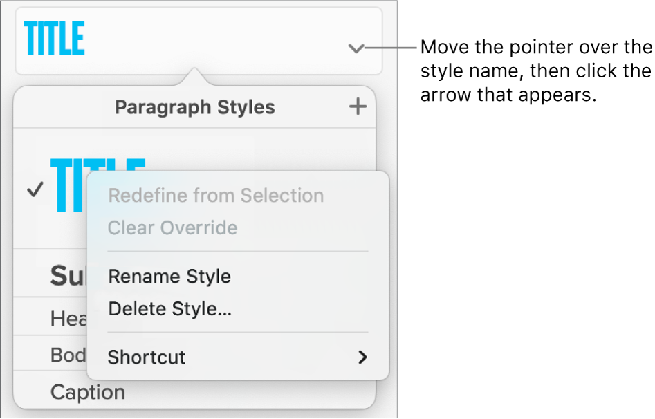 The Paragraph Styles menu with the shortcut menu open.