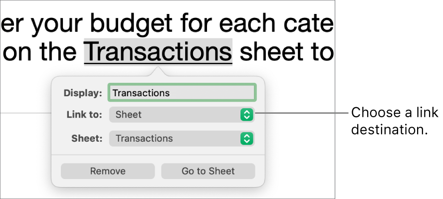 The link editor controls with a Display field, “Link to” pop-up menu (Sheet is selected) and Sheet pop-up menu (a sheet named Liabilities is selected). The Remove and Go to Sheet buttons are at the bottom of the pop-over.