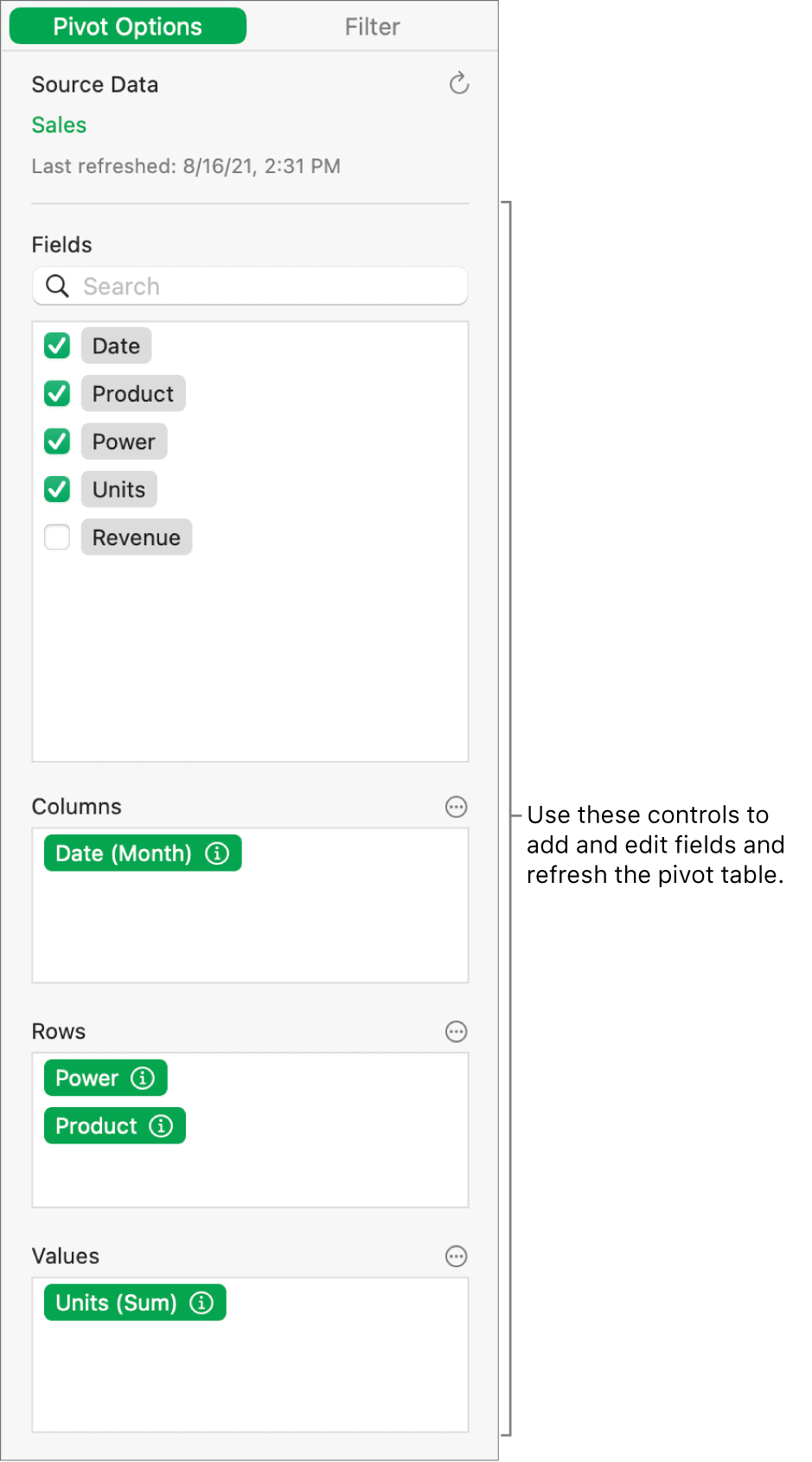 The Pivot Options menu showing fields in the Columns, Rows, and Values sections, as well as controls to edit the fields and refresh the pivot table.