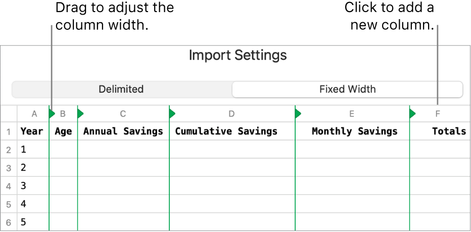 The import settings for a fixed-width text file.