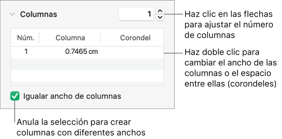 Controles de la sección de columnas para cambiar el número de columnas y el ancho de cada columna.