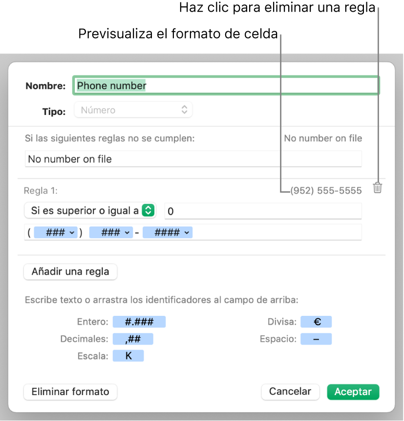 Formato de celda numérica personalizada con reglas.