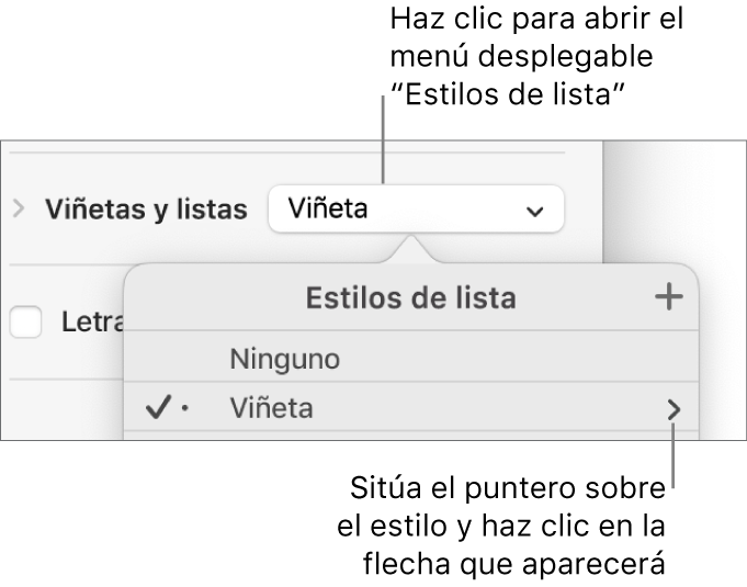 El menú desplegable “Estilos de lista” con un estilo seleccionado y una flecha en el extremo derecho.