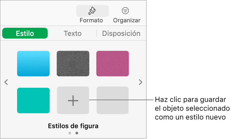La ficha Estilo de la barra lateral Formato con cuatro estilos de imagen, el botón “Crear estilo” y un marcador de posición de estilo vacío.