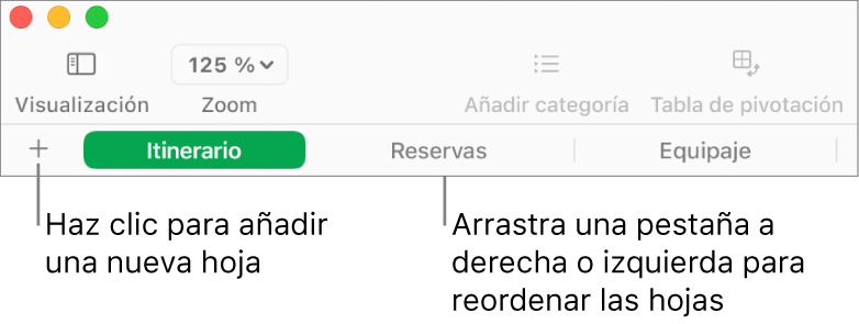 La barra de pestañas para añadir una nueva hoja y reorganizar las hojas.