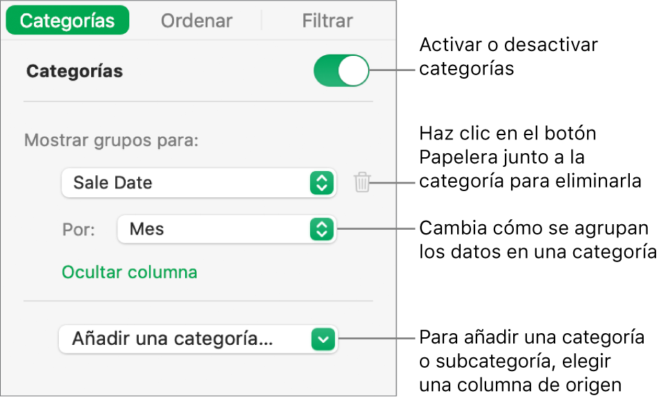 La barra lateral de categorías con opciones para desactivar categorías, eliminar categorías, reagrupar datos, ocultar una columna de origen y añadir categorías.