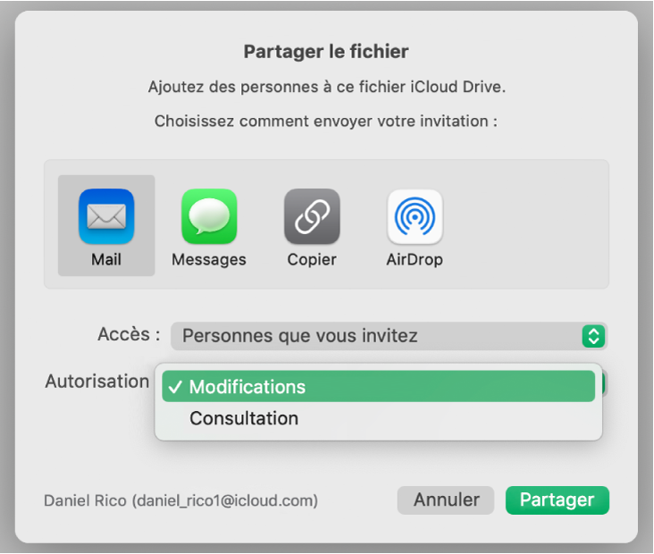 Zone de dialogue de collaboration avec le menu contextuel Autorisation ouvert et l’option « Modifications » sélectionnée.