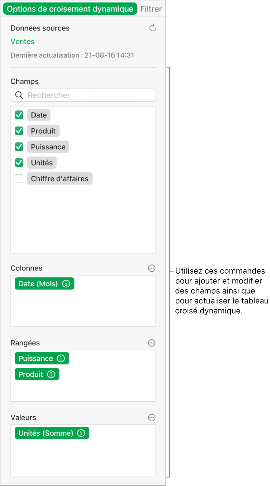 Menu Options de croisement dynamique avec des champs dans les sections Colonnes, Rangées et Valeurs, ainsi que des commandes pour modifier les champs et actualiser le tableau croisé dynamique.