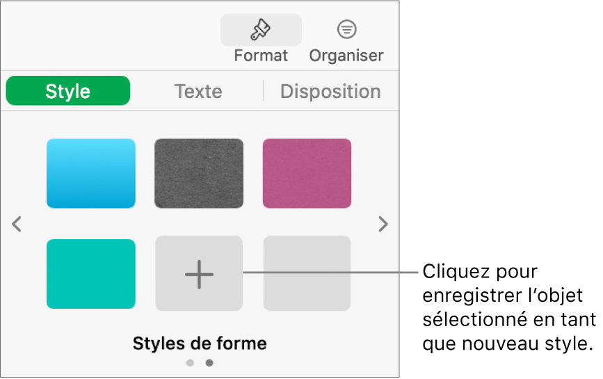 Onglet Style de la barre latérale Format avec quatre styles d’image, un bouton Créer un style et un paramètre fictif de style vide.
