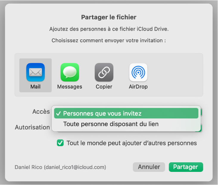 Zone de dialogue de collaboration avec le menu contextuel « Accès » ouvert et l’option « Personnes que vous invitez » sélectionnée.