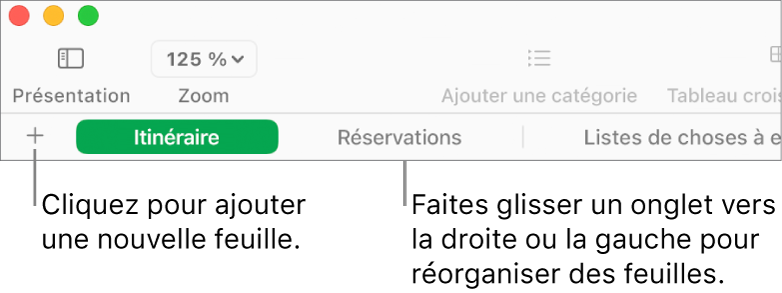 Barre des onglets pour ajouter une feuille et réorganiser les feuilles.