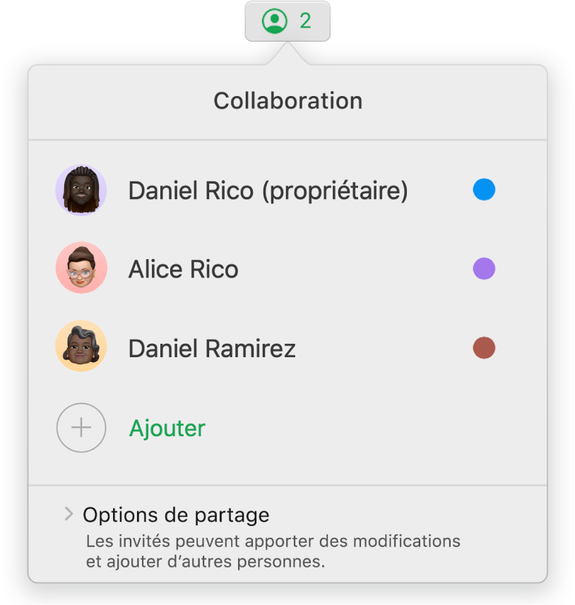 Le menu Collaboration affiche les noms des personnes qui collaborent dans la feuille de calcul. Les options de partage sont en dessous des noms.