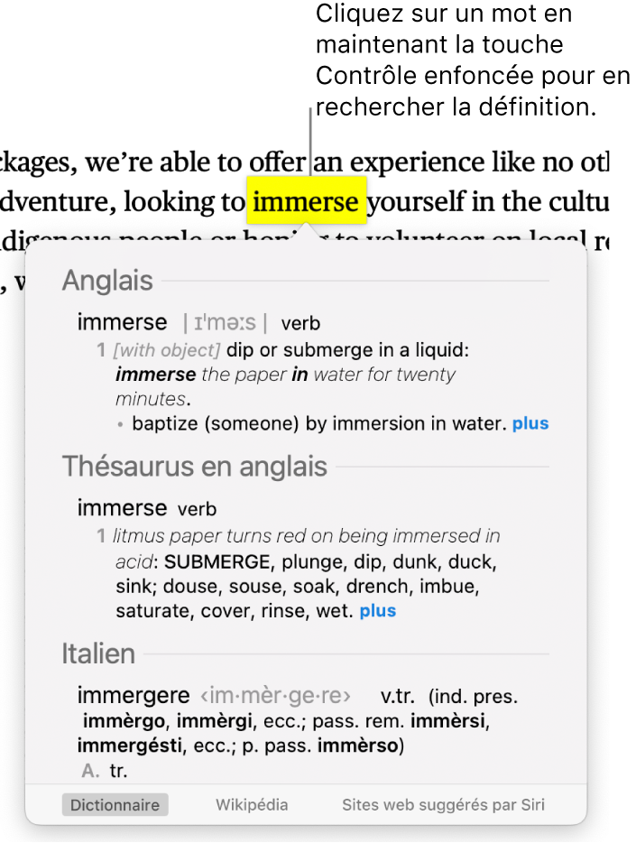 Un texte avec un mot surligné et une fenêtre contenant sa définition et des synonymes. Trois boutons en bas de la fenêtre fournissent des liens vers le dictionnaire, Wikipédia et des sites web suggérés par Siri.