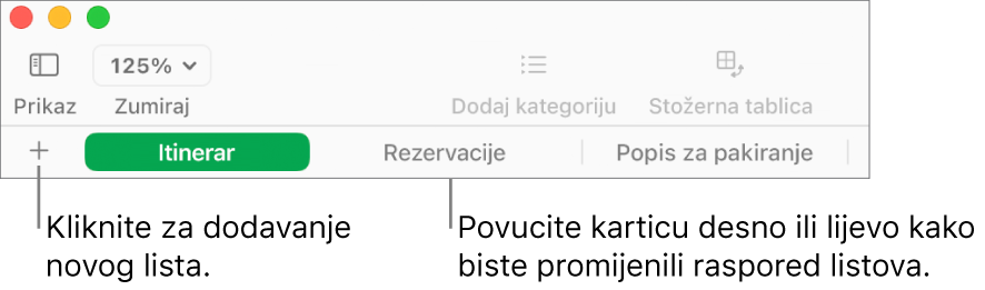 Traka s karticama za dodavanje novog lista i promjenu rasporeda listova.