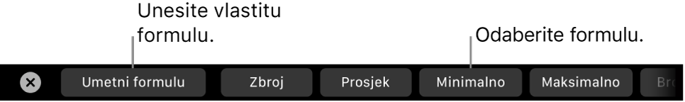 MacBook Pro Touch Bar s kontrolama za umetanje vaše vlastite formule i odabir uobičajeno korištene formule.