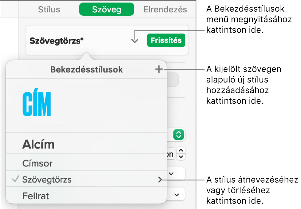 A Bekezdésstílusok menü stílusok hozzáadására vagy módosítására szolgáló vezérlőkkel.