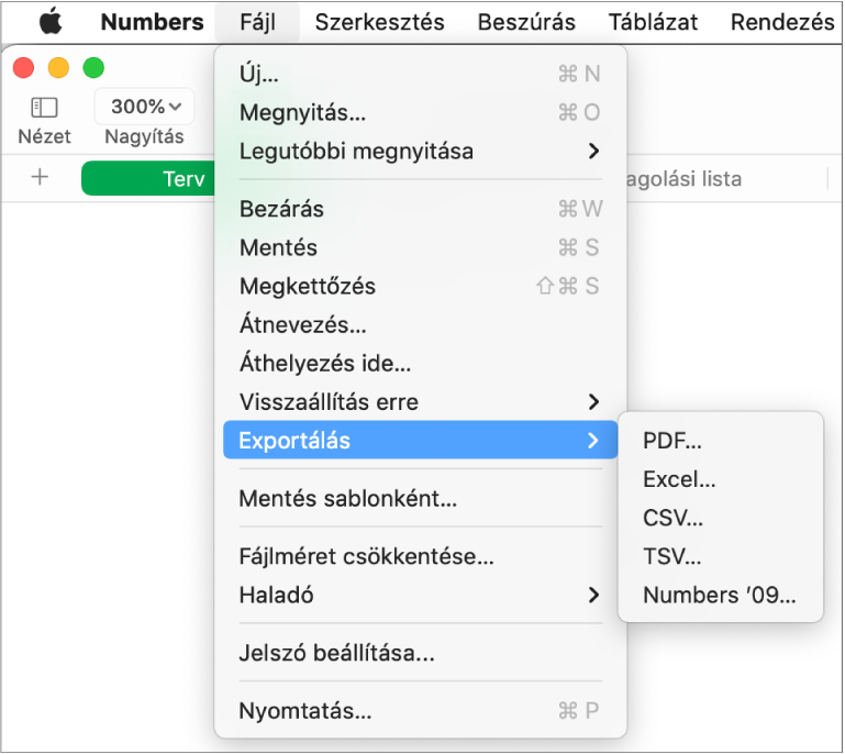 Megnyitott Fájl menü, ahol az Exportálás ide ki van jelölve, az almenüje pedig megjeleníti a PDF, Excel, CSV és Numbers '09 formátumba történő exportálási lehetőségeket.