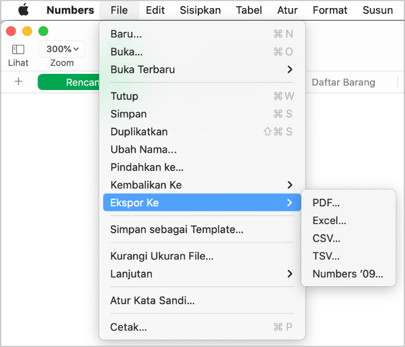Menu File terbuka dengan Ekspor Ke dipilih, dengan submenu yang menampilkan pilihan ekspor untuk PDF, Excel, CSV, dan Numbers ’09.