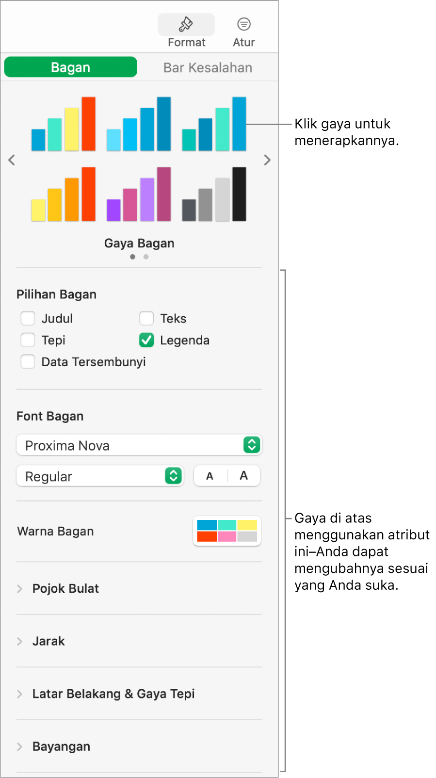 Bar samping Pemformatan menampilkan kontrol untuk bagan pemformatan.