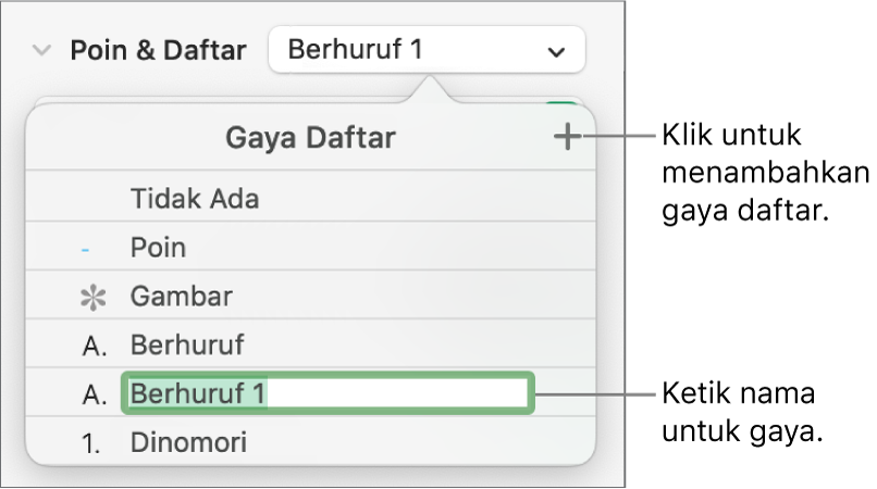 Menu pop-up Gaya Daftar dengan tombol Tambah di pojok kanan atas dan nama gaya placeholder dengan teksnya dipilih.