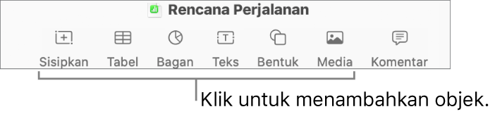 Jendela Numbers dengan callout untuk tombol objek di bar alat.