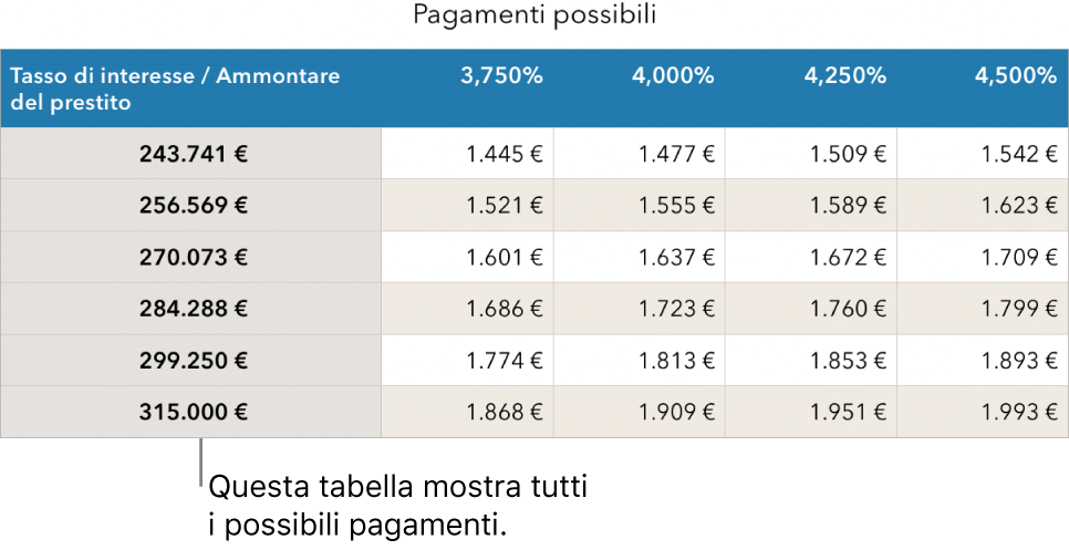 Tabella di un mutuo prima dell'applicazione del filtro per i tassi di interesse accessibili.