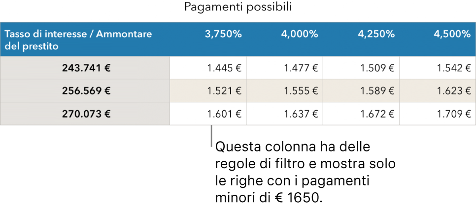 Tabella di un mutuo dopo l'applicazione del filtro per i tassi di interesse accessibili.