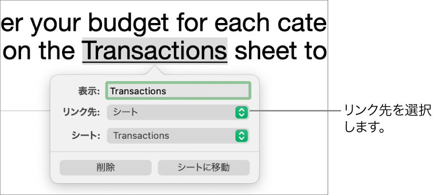 リンクエディタのコントロール。「表示」フィールド、「リンク先」ポップアップメニュー（「シート」が選択された状態）、および「シート」ポップアップメニュー（「負債」という名前のシートが選択された状態）があります。ポップオーバーの下部に「削除」ボタンと「シートに移動」ボタンがあります。