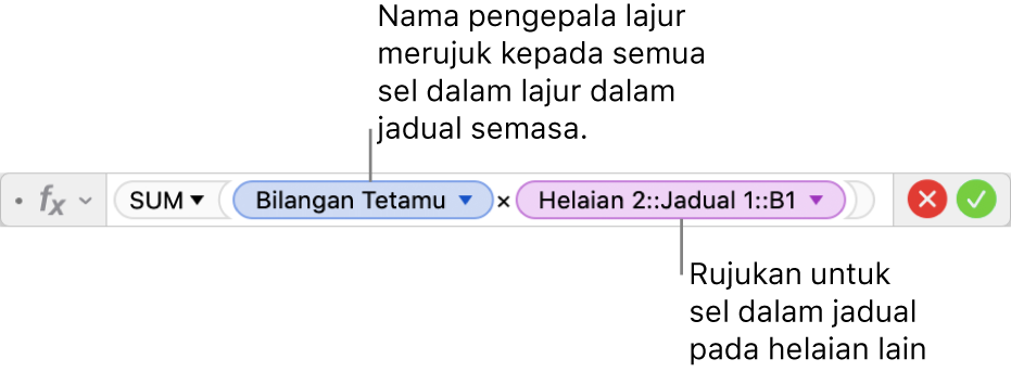 Editor Formula menunjukkan formula yang merujuk pada lajur dalam satu jadual dan sel dalam jadual lain.