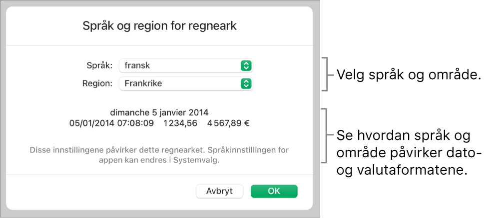 Språk og område-panelet med kontroller for språk og område, og et formateksempel med dato, klokkeslett, desimaler og valuta.